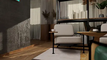 Wnętrze w stylu industrialnym i minimalistycznym z beżowymi fotelami i drewnianymi dodatkami.