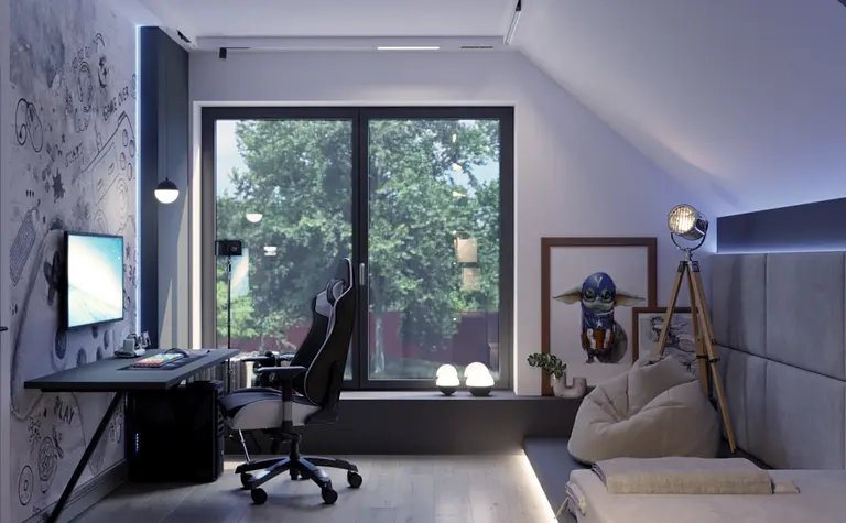 Wnętrze gabinetu z nowoczesnym biurkiem, szarymi akcentami i dekoracjami boho.