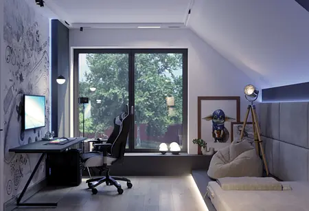 Wnętrze gabinetu z nowoczesnym biurkiem, szarymi akcentami i dekoracjami boho.