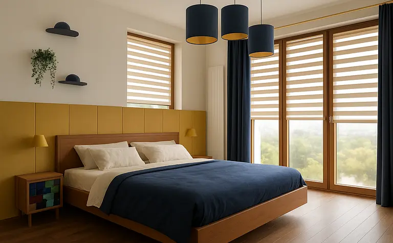 Wnętrze sypialni w stylu art deco i eklektycznym z niebieską pościelą i żółtymi detalami.