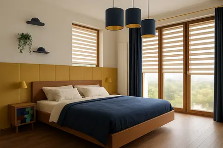 Wnętrze sypialni w stylu art deco i eklektycznym z niebieską pościelą i żółtymi detalami.