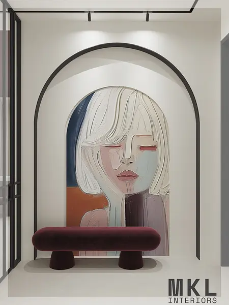 Nowoczesny przedpokój z obrazem, minimalistyczny styl art deco, quiet luxury.