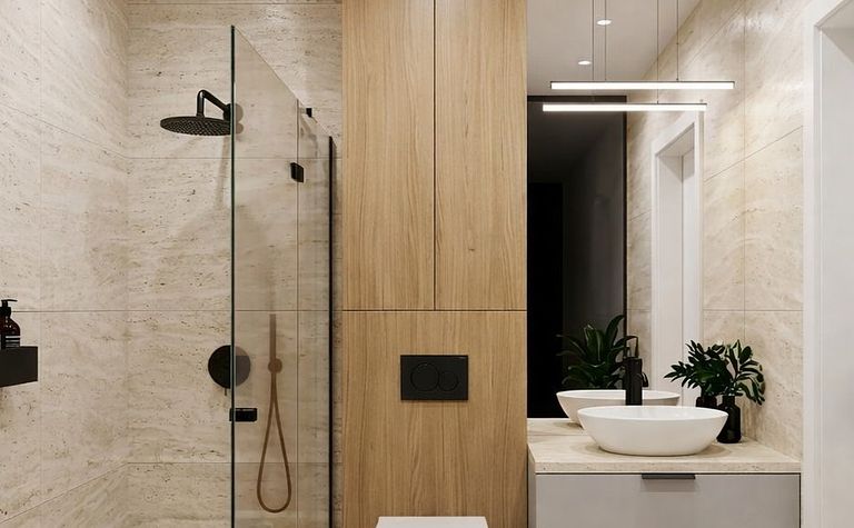 Wnętrze łazienki w stylu minimaluxe i soft minimalizm z drewnem i nowoczesnym oświetleniem.
