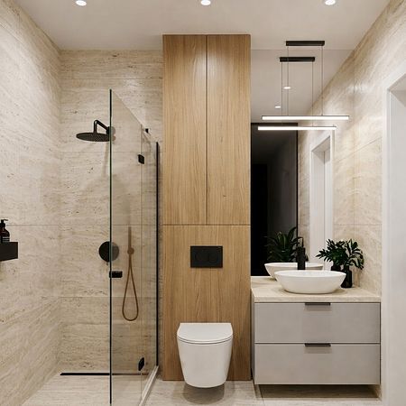 Wnętrze łazienki w stylu minimaluxe i soft minimalizm z drewnem i nowoczesnym oświetleniem.