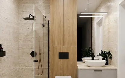 Wnętrze łazienki w stylu minimaluxe i soft minimalizm z drewnem i nowoczesnym oświetleniem.