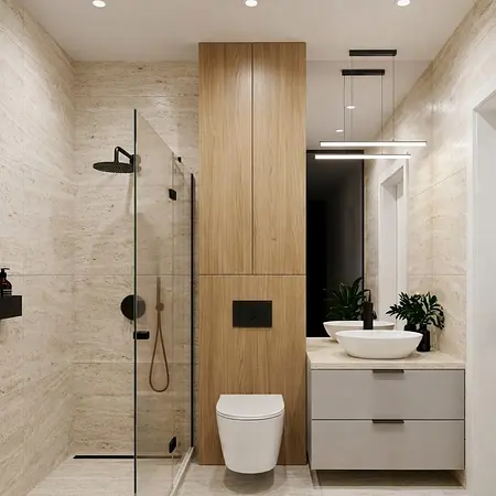 Wnętrze łazienki w stylu minimaluxe i soft minimalizm z drewnem i nowoczesnym oświetleniem.