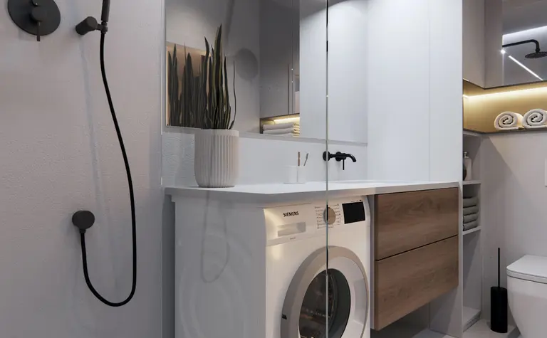 Nowoczesna łazienka w stylu eklektycznym, minimalistycznym i soft minimalizm z pralką.