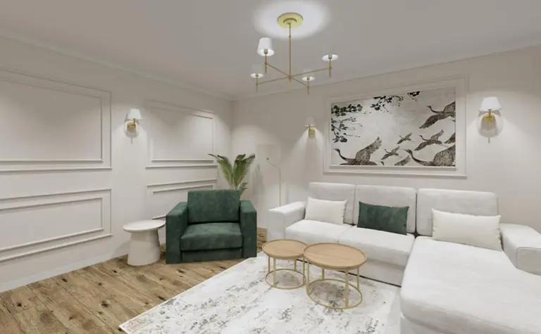 Wnętrze salonu z białą sofą, zielonym fotelem i nowoczesnym oświetleniem