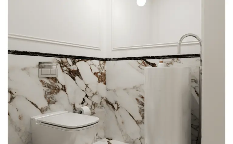 Mała łazienka z marmurowymi płytkami, umywalką i toaletą w stylu soft minimalizm, tradycyjny, vintage.