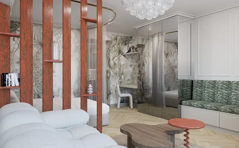 Wnętrze w stylu art deco i tradycyjnym z drewnianą ścianką i zieloną sofą.