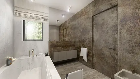 Nowoczesna łazienka z marmurową wanną, minimalistycznym designem i drewnianymi elementami.