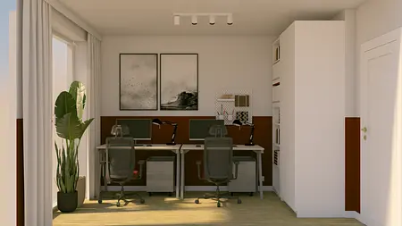 Wnętrze biura w stylu eklektycznym, skandynawskim i vintage z biurkami i rośliną.