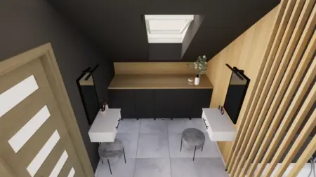 Garderoba w stylu minimalistycznym z drewnianymi elementami i lustrami.