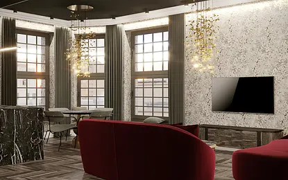 Wnętrze salonu w stylu art deco z czerwonymi sofami i marmurowymi akcentami.