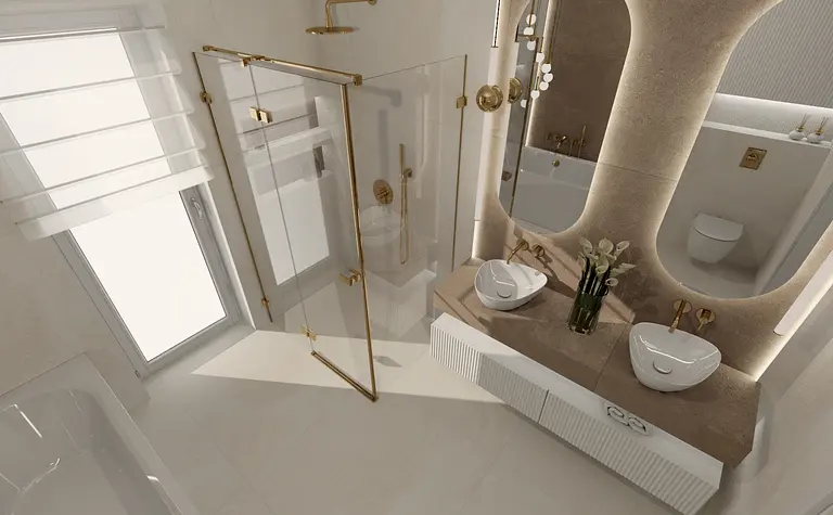 Nowoczesna łazienka z minimalistycznym designem, glamour i soft minimalizmem.