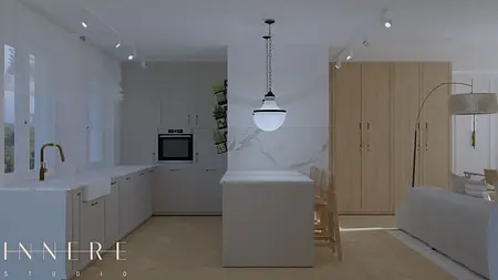 Wnętrze kuchni z białymi meblami, rustykalnym i współczesnym stylem, oraz drewnianymi detalami.