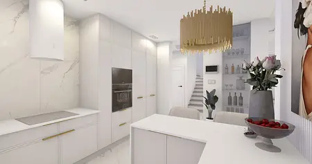 Nowoczesna kuchnia z białymi meblami i złotymi detalami w stylu glamour.