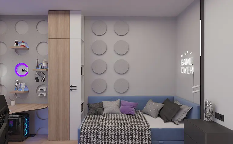 Pokój dla dzieci w stylu industrialnym, minimalistycznym, nowoczesnym z niebieską sofą.