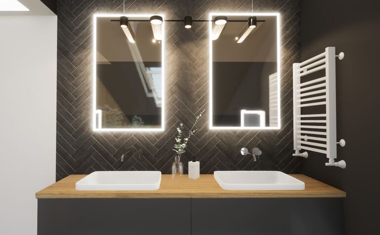 Nowoczesna łazienka z minimalistycznym designem, glamour elementami i eleganckimi lustrami.