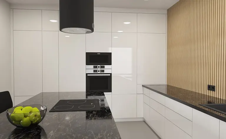 Nowoczesna kuchnia z białymi meblami i drewnianymi detalami w stylu industrialnym.