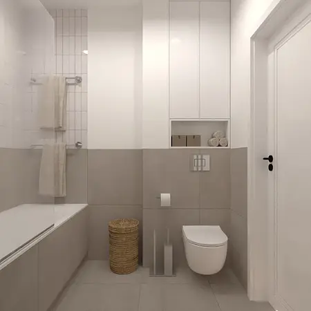 Nowoczesna łazienka w stylu skandynawskim z eklektycznymi elementami i vintage akcentami.