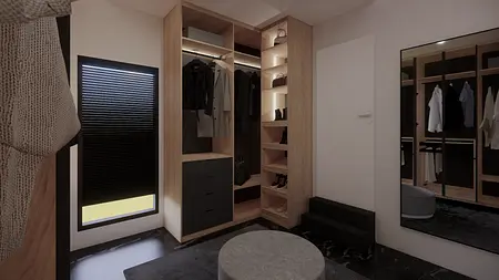 Garderoba z minimalistycznym wystrojem, drewnianymi meblami i lustrem.