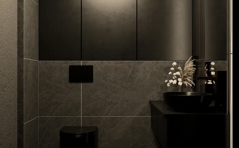 Nowoczesna łazienka minimalistyczna z czarnymi i szarymi detalami