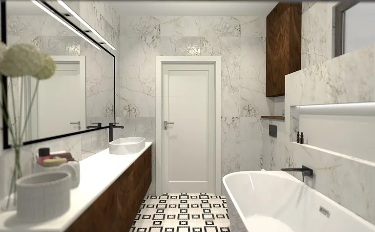 Współczesna łazienka z białymi kafelkami i drewnianymi elementami.