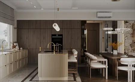 Wnętrze kuchni z drewnianymi meblami i złotymi detalami, styl quiet luxury.