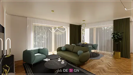 Wnętrze salonu w stylu art deco z zieloną sofą i czarnymi stolikami.
