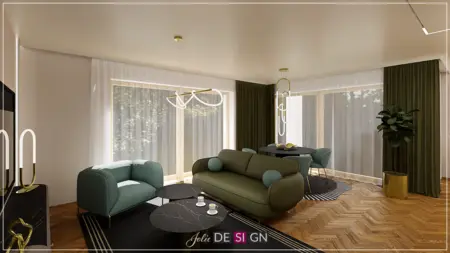 Wnętrze salonu w stylu art deco z zieloną sofą i czarnymi stolikami.