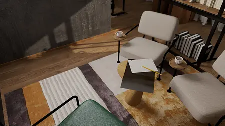 Wnętrze kącika do czytania z fotelami, stolikiem i książkami w stylu industrialnym i minimalistycznym.