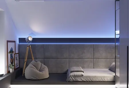 Nowoczesny pokój z szarym łóżkiem, podświetleniem LED i fotelami w stylu boho.