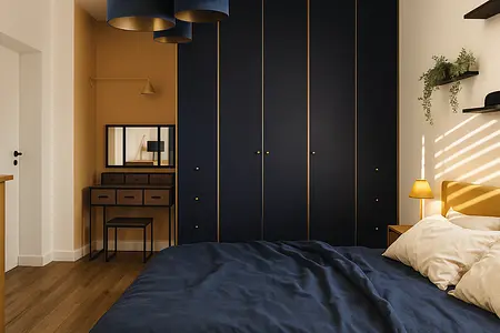 Wnętrze sypialni z granatowymi elementami i art deco dodatkami.