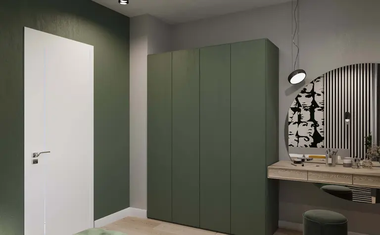 Wnętrze eklektycznego pokoju z minimalistycznym biurkiem i nowoczesnym oświetleniem.