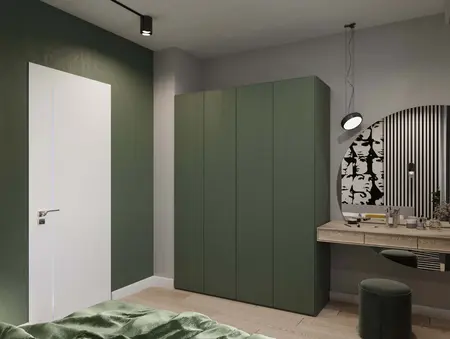 Wnętrze eklektycznego pokoju z minimalistycznym biurkiem i nowoczesnym oświetleniem.