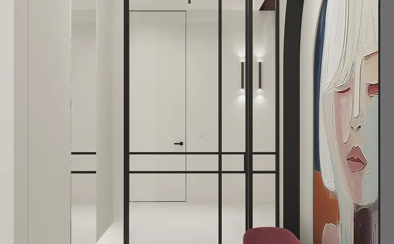 Przedpokój w stylu art deco z minimalistycznym siedziskiem i obrazem.