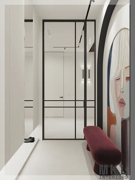 Przedpokój w stylu art deco z minimalistycznym siedziskiem i obrazem.