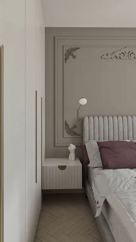Wnętrze sypialni z szarymi ścianami, białymi meblami, w stylu glamour, nowoczesnym i współczesnym.