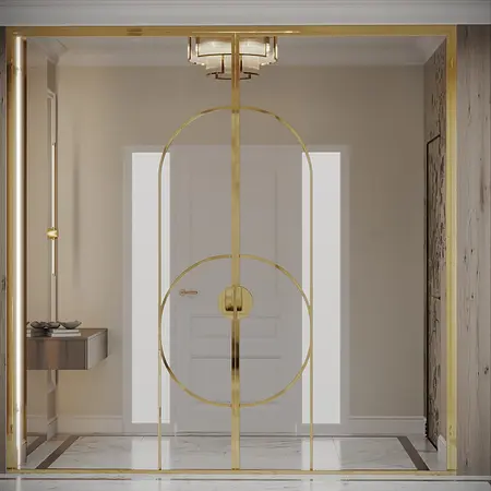 Przedpokój w stylu quiet luxury z złotymi detalami i jasnymi ścianami.