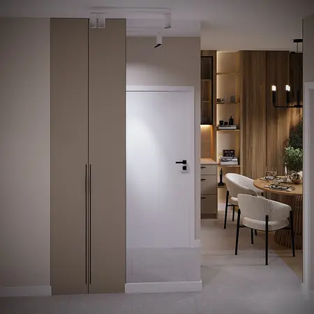 Nowoczesny przedpokój z eklektycznymi elementami, minimalistycznym wystrojem i drewnianym akcentem.