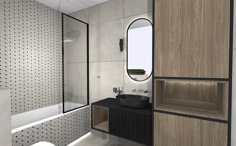 Nowoczesna łazienka z szarymi płytkami, drewnianymi meblami i minimalistycznym designem.