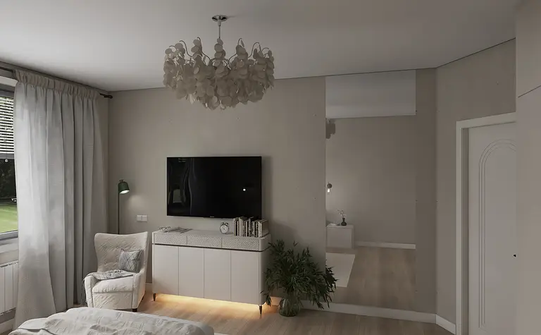 Wnętrze sypialni w stylu nowoczesnym i skandynawskim z jasnymi meblami.