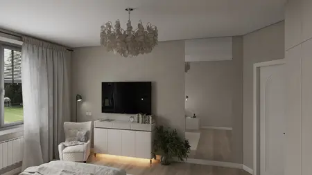 Wnętrze sypialni w stylu nowoczesnym i skandynawskim z jasnymi meblami.