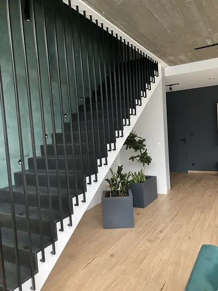 Nowoczesne wnętrze z ciemnymi schodami i donicami z roślinami.
