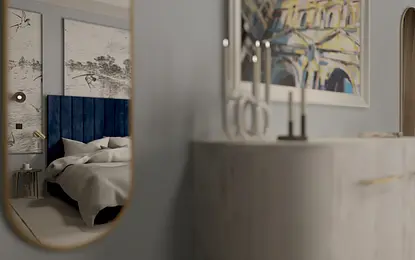 Sypialnia w stylu minimalistycznym z niebieskim łóżkiem i nowoczesnymi dodatkami.
