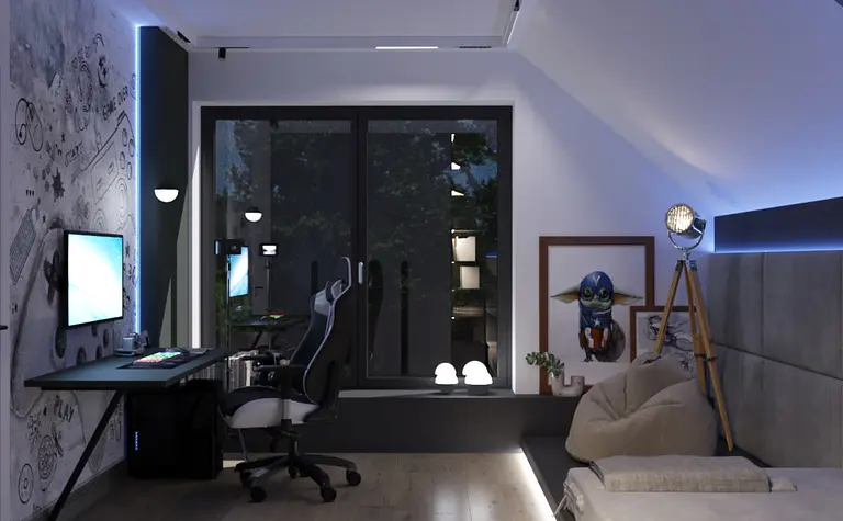 Wnętrze pokoju w stylu boho i skandynawskim z biurkiem i grafiką.