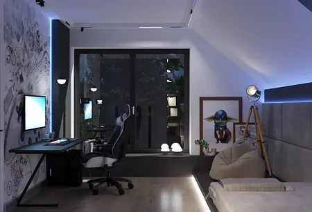 Wnętrze pokoju w stylu boho i skandynawskim z biurkiem i grafiką.