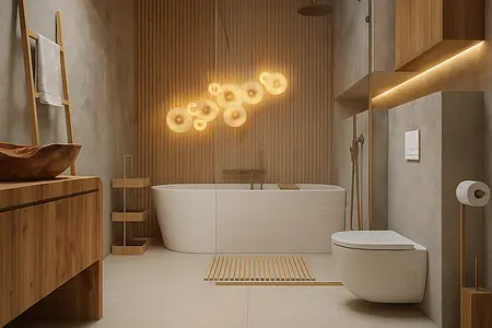 Wnętrze łazienki w stylu art deco z drewnem i nowoczesnym oświetleniem.
