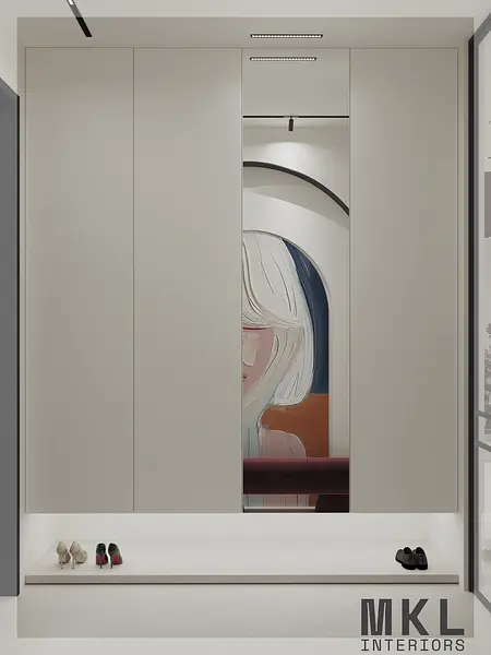 Przedpokój w stylu art deco, minimalistycznym, quiet luxury z dużą szafą.